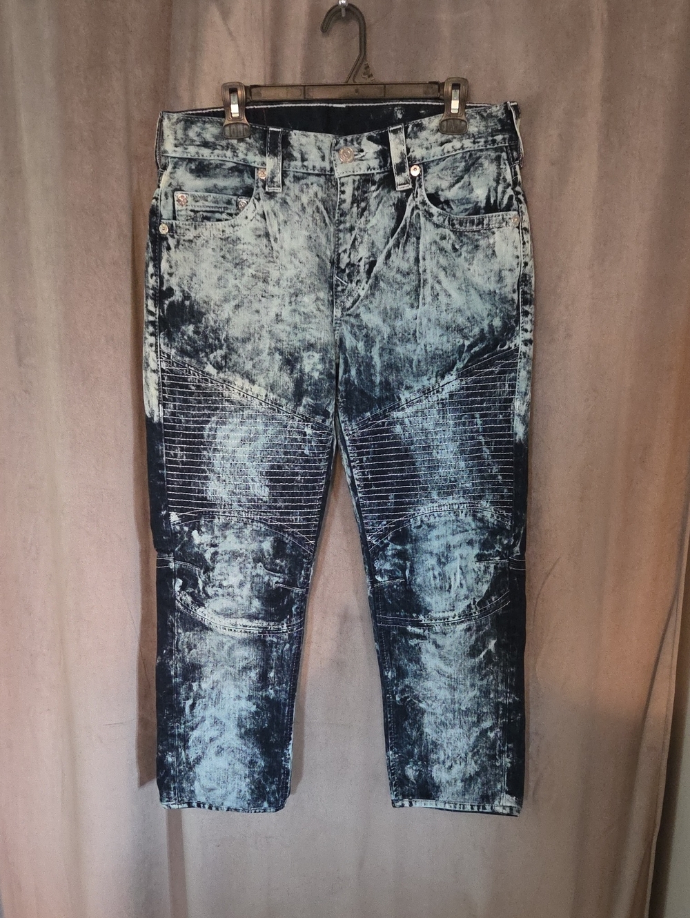 True Religion Men's Size 34 Slim Acid-Effect Black and White Moto Jeans